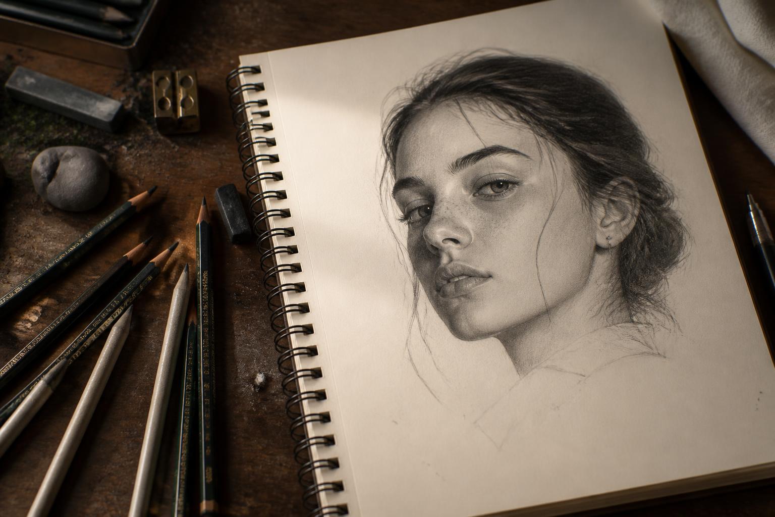 Escritorio de artista con lápices de grafito y un retrato realista